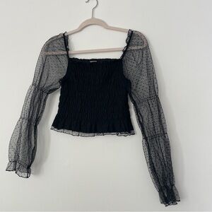 Black Sheer Swiss Dot Puff Long Sleeve Smocked Crop Top Small